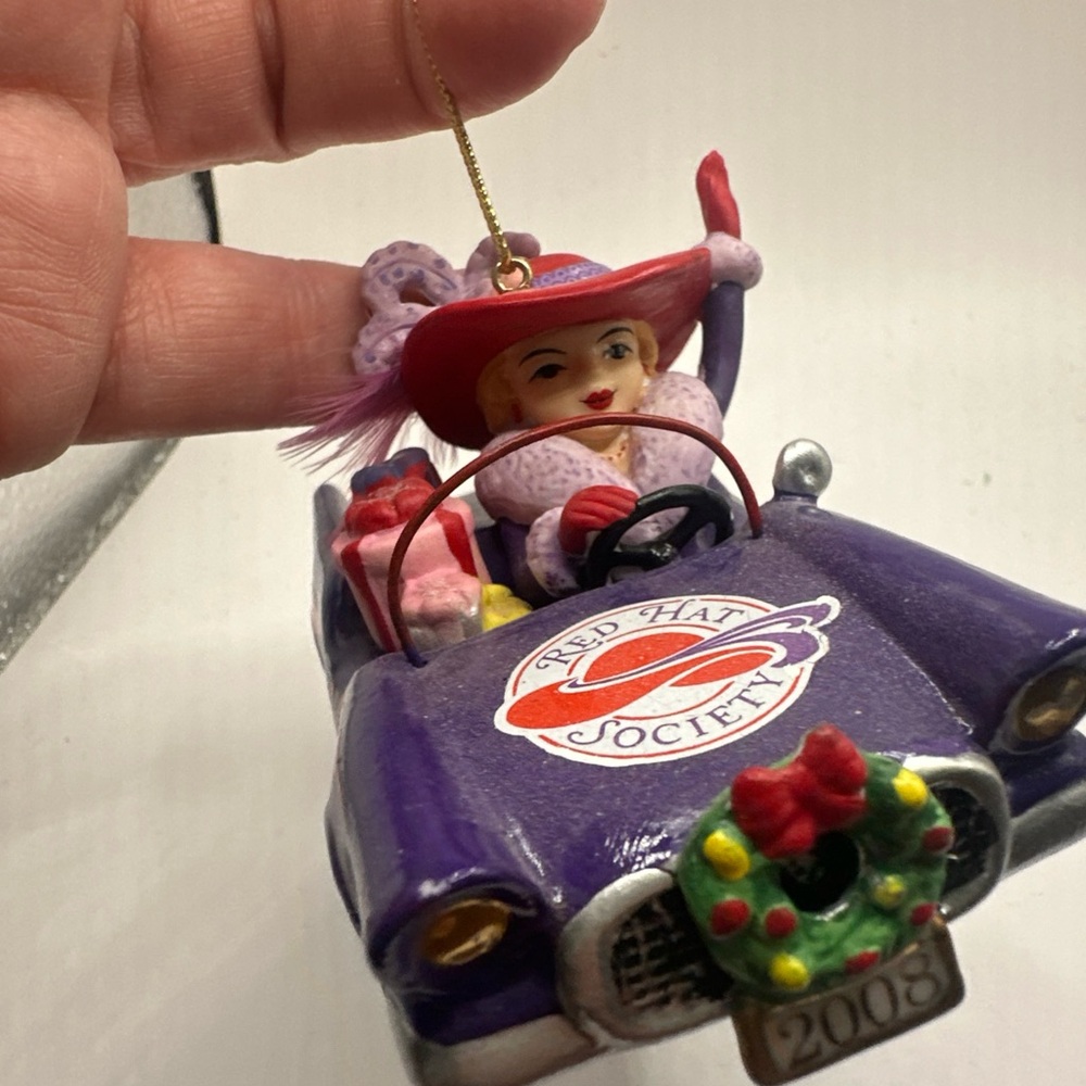 RED HAT SOCIETY Christmas Ornament by Danbury Mint, 2008 with Feathers